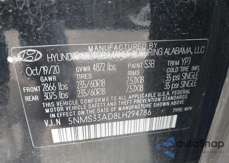 2020 Hyundai Santa Fe Sel из США, поврежденный, VIN 5NMS33AD8LH294786